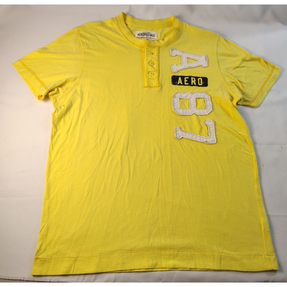 Aeropostale Mens Yellow A87 Aero Applique Short Sleeve Henley Shirt Large L Y2K